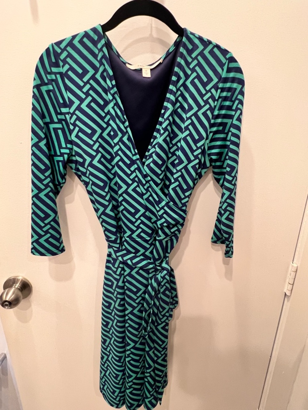 41 Hawthorn Teal and Navy Geometric Wrap Dress - Long Sleeve